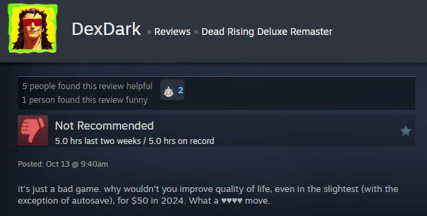 Image from the Dead Rising Deluxe Remastered article, based on Steam reviews